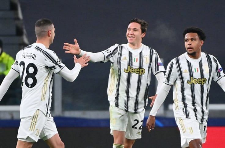 Juventus&#039; Federico Chiesa (No. 22) celebrates after scoring his first Champions League goal
