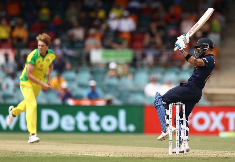 Virat Kohli in action against Australia at the Manuka Oval in Canberra
