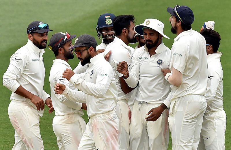 Indian team celebrating after the Test win at Adelaide in 2018-19