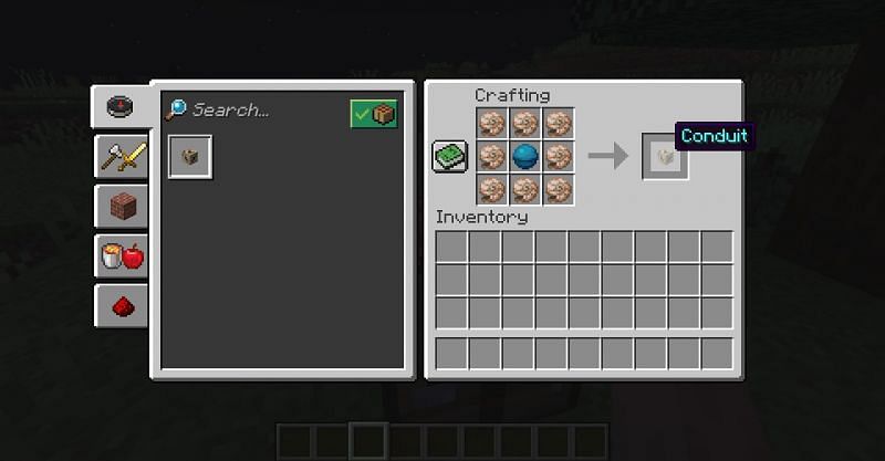 The crafting recipe for a conduit in Minecraft. (Image via Minecraft)