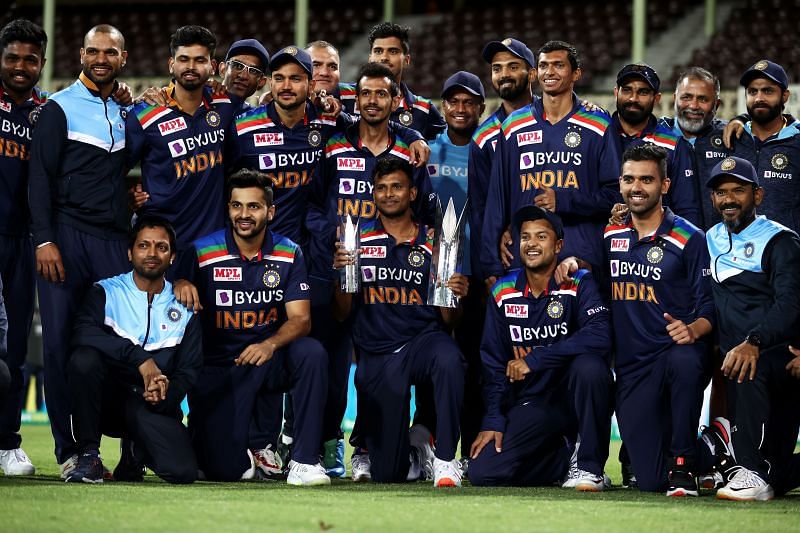 Indian team celebrating after the T20I series win