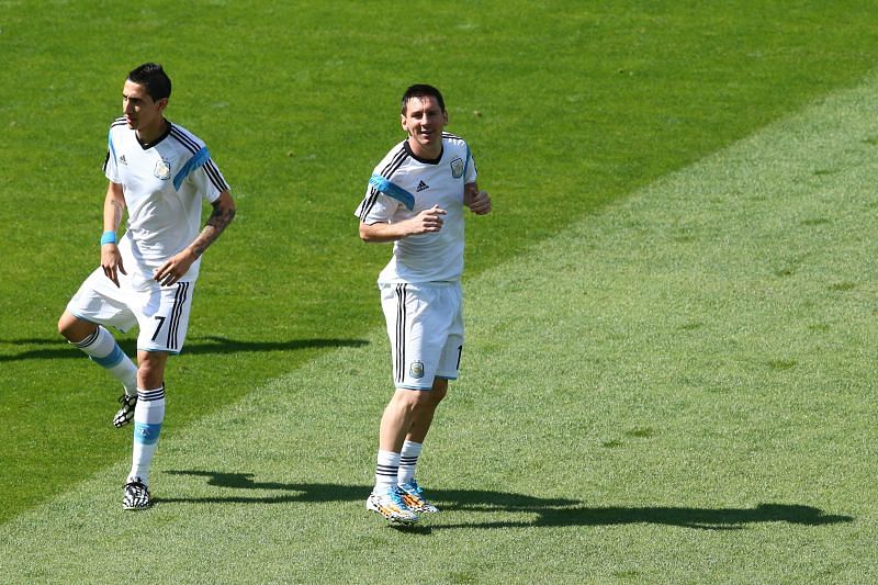 Angel Di Maria and Lionel Messi before an Argentina national team game