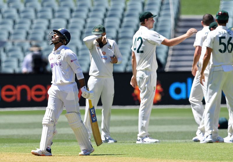 Mayank Agarwal is dejected after being dismissed by Josh Hazlewood in Adelaide