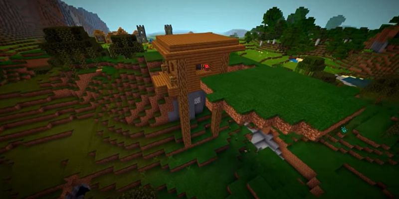 A Minecraft Witch Hut that is very tall and has a levitating portion of land connected to it. (Image via Minecraft &amp; Chill/YouTube)