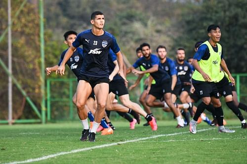 Bengaluru FC players in training at the Dempo SC training facilities in Carambolim in Goa.