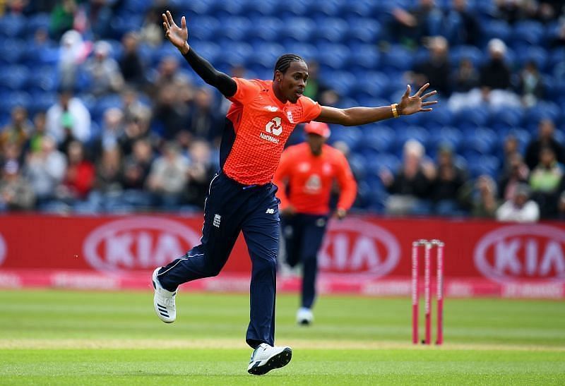 Jofra Archer celebrates a wicket.