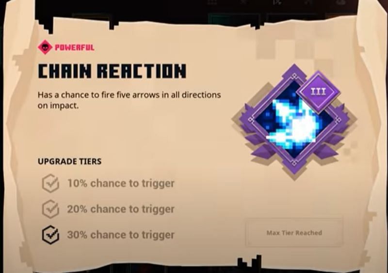 Chain Reaction is a Minecraft Dungeons ranged weapon enchant that grants the chance to fire five arrows in all directions on impact. (Image via Suev/YouTube)