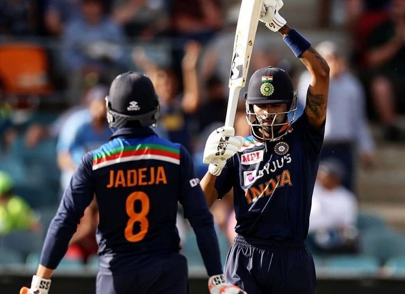 Hardik Pandya with Ravindra Jadeja during their game-changing partnership at Canberra. Pic: BCCI/Twitter