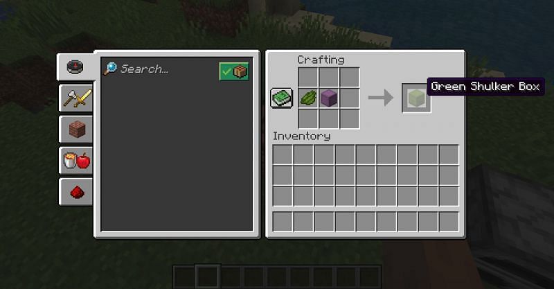 The crafting recipe for a green shulker box in Minecraft. (Image via Minecraft)
