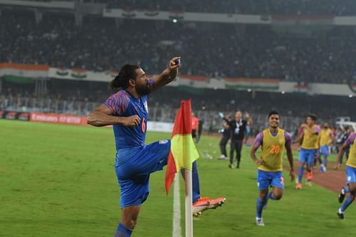 Adil Khan celebrates after scoring against Bangladesh (Image Courtesy: AIFF Media)