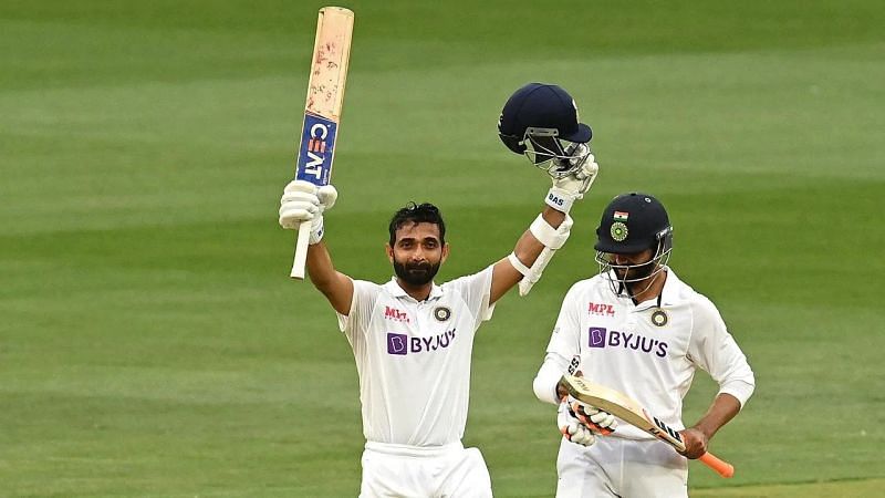 Ajinkya Rahane celebrates after scoring his maiden hundred as India&#039;s skipper