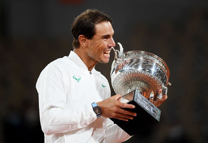 Rafael Nadal with his 2020 French Open trophy after beating Novak Djokovic in the final