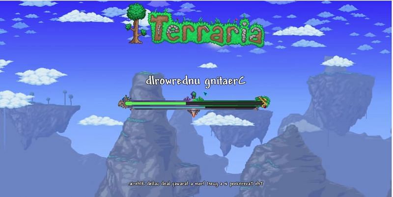 The words on the word generation screen for this Terraria seed are spelled backwards. (Image via Archane0/YouTube)