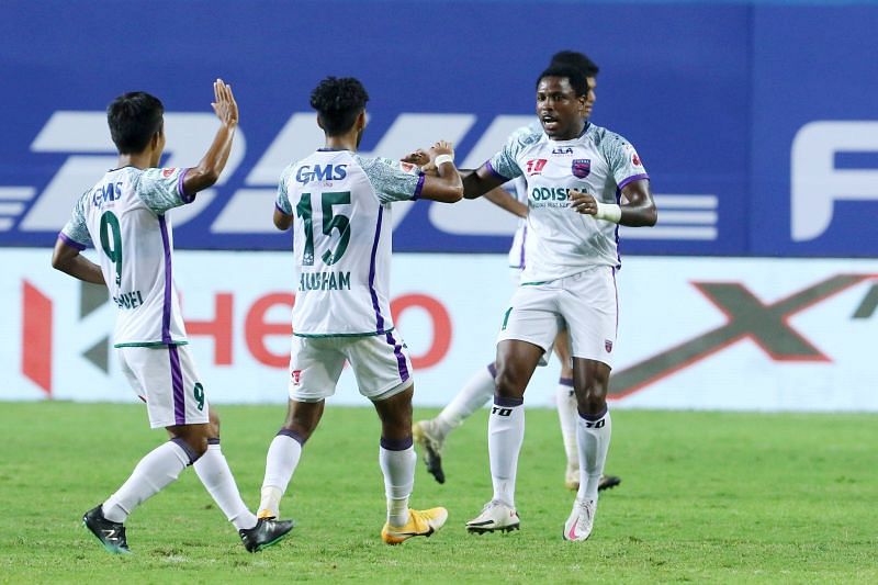 Odisha FC players celebrating a goal in the away kits