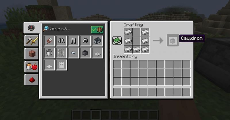 The crafting recipe for a cauldron in Minecraft. (Image via Minecraft)