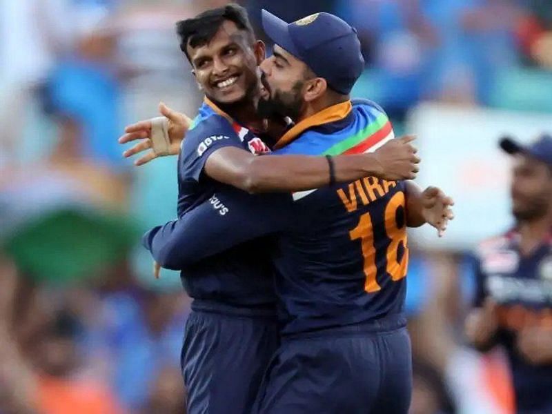 T Natarajan celebrates with Indian skipper Virat Kohli 