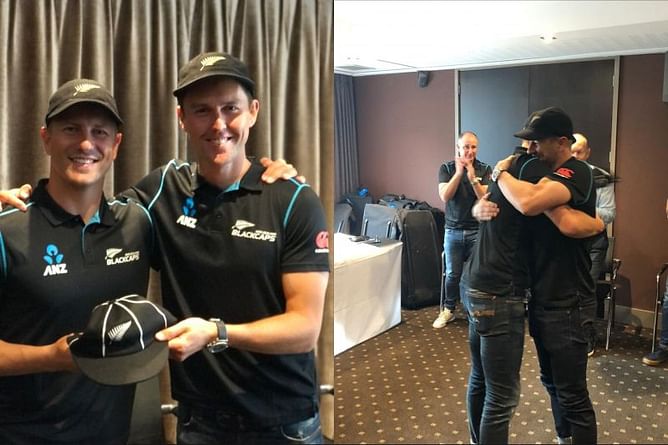 NZ v WI 2020: Trent Boult presents Neil Wagner with a commemorative cap ahead of his 50th Test match