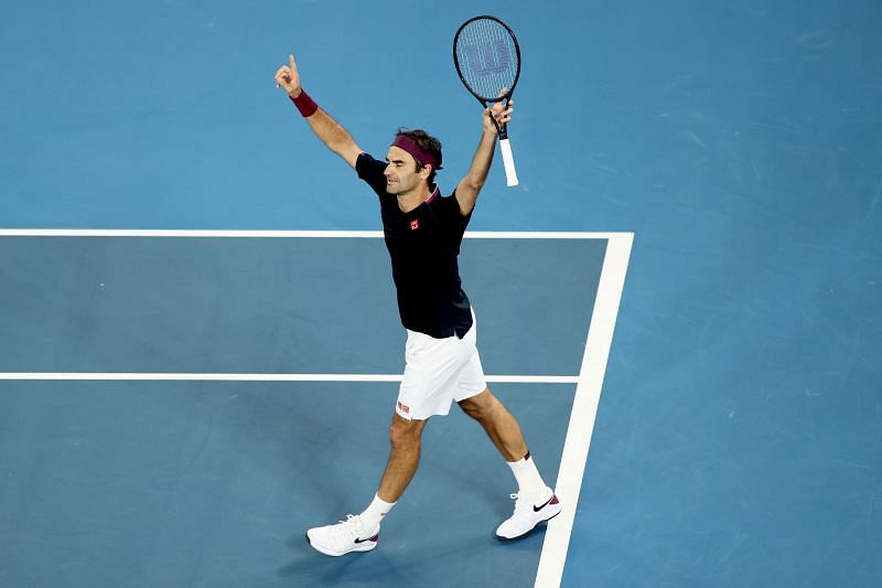 Roger Federer celebrates his win over John Millman.