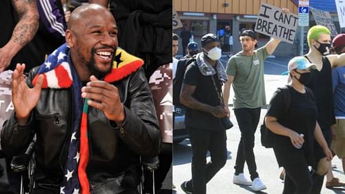 Floyd Mayweather Jr. (L) and Logan Paul involved in a protest (R)