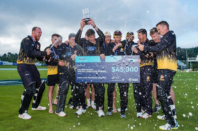 The Wellington Firebirds celebrate winning the Ford Trophy in 2018