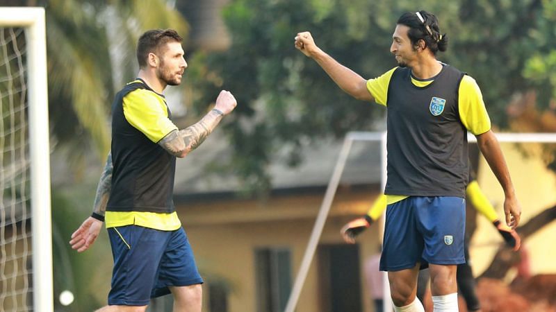 Gary Hooper (left) and Sahal Abdul Samad in Kerala Blasters training (Image - Kerala Blasters FC Twitter)