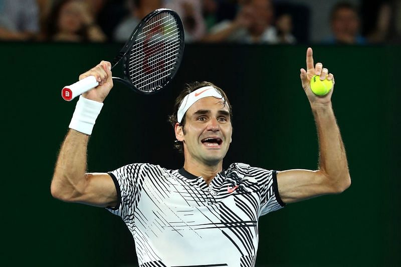 Roger Federer celebrates winning the 2017 Australian Open