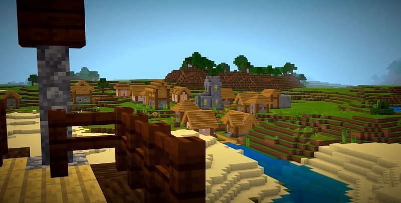 A Minecraft seed with a Village, Desert Temple, Pillager Outpost, &amp; access to a Nether Bastion all near spawn (Image via Minecraft &amp; Chill/YouTube)