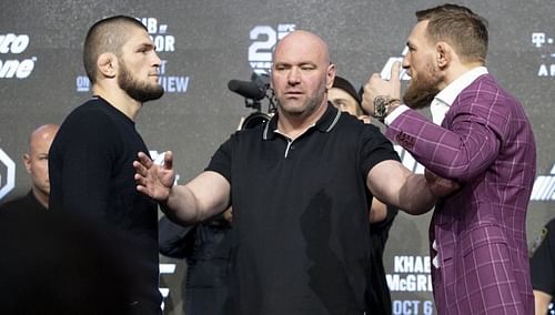 Khabib Nurmagomedov (left); Dana White (center); Conor McGregor (right)