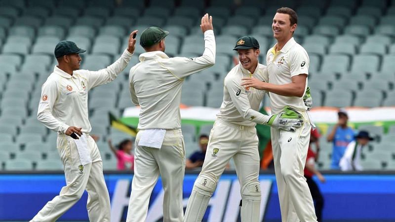 Josh Hazlewood celebrating after taking a wicket