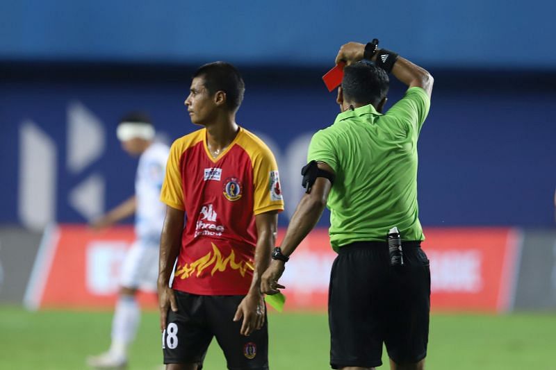 Eugeneson Lyngdoh was sent-off in the 24th minute of the game.