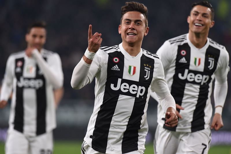 Paulo Dybala and Cristiano Ronaldo celebrate a goal for Juventus