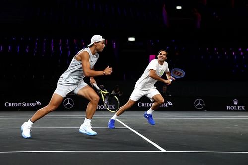 Rafael Nadal and Roger Federer practicing during Laver Cup