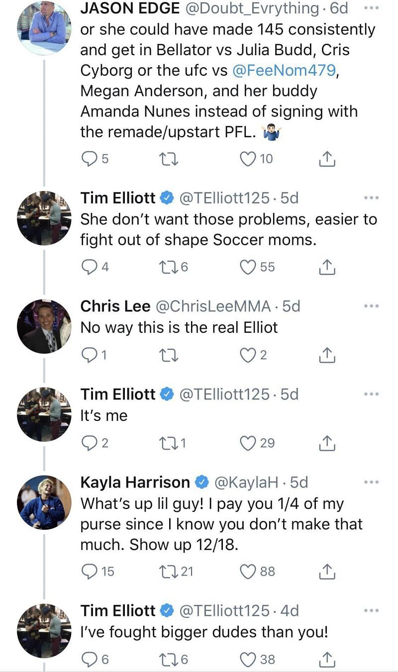 Here is the exchange between Tim Elliot and Kayla Harrison