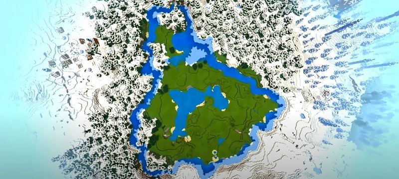 A small warm biome in the middle of a snowy and cold biome in Minecraft. (Image via Minecraft &amp; Chill/YouTube