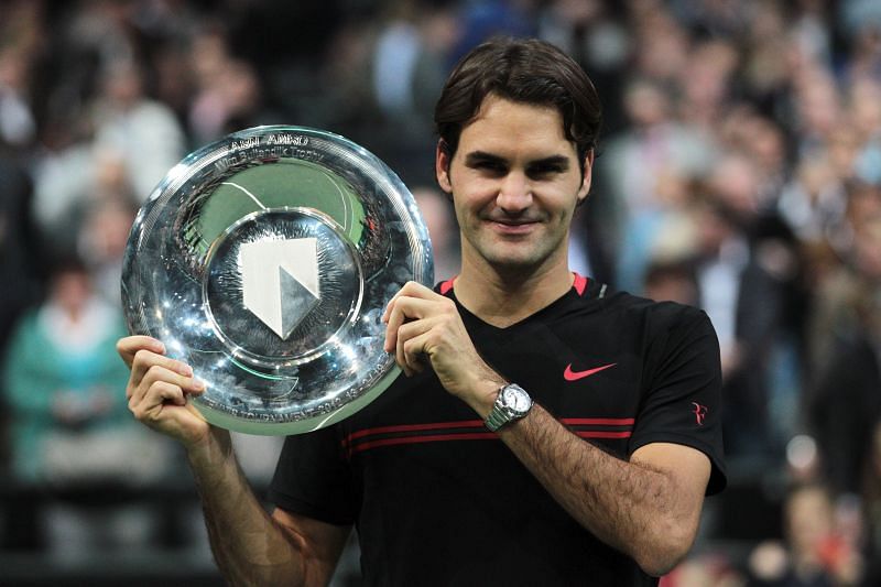 Roger Federer with the winner&#039;s trophy at Rotterdam 2012