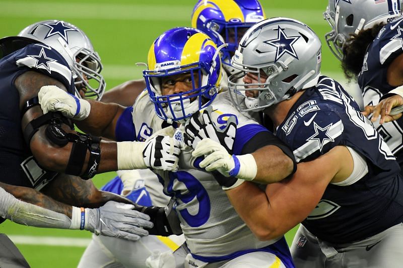 Dallas Cowboy offensive line try getting to grips with Aaron Donald