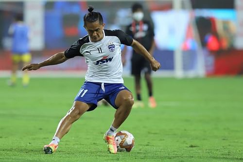 Bengaluru FC captain Sunil Chhetri trains for the match against Chennaiyin FC