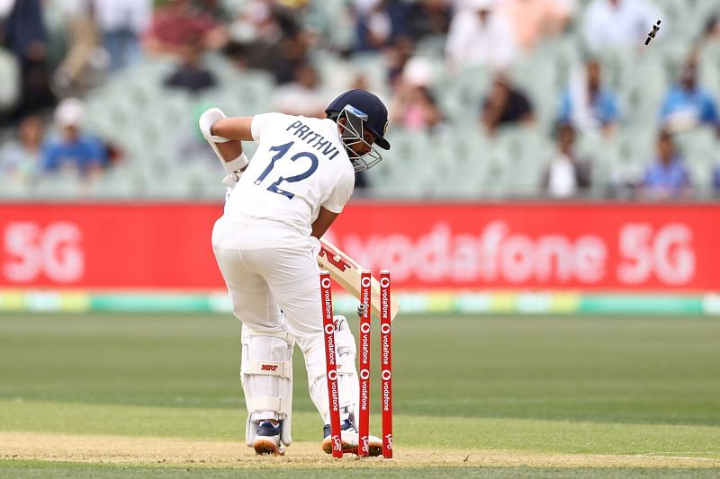 Prithvi Shaw after being castled by Mitchell Starc off just the second ball of the match.