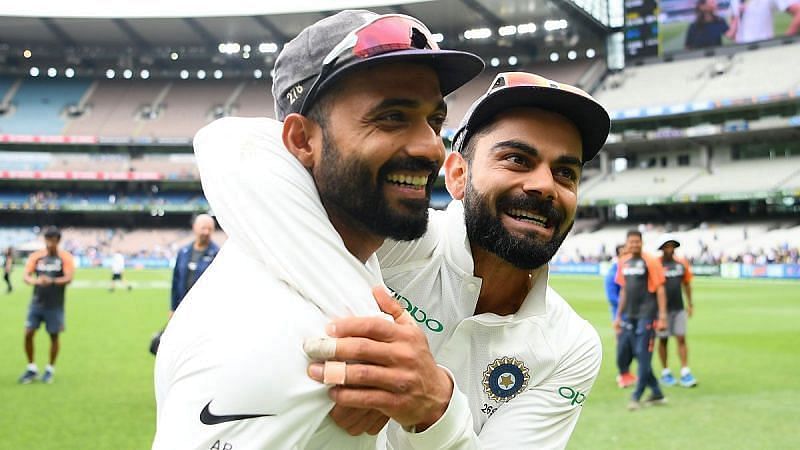 Virat Kohli embracing Ajinkya Rahane in 2019