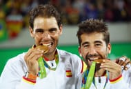 Rafael Nadal and Marc Lopez with their doubles gold medal at the 2016 Olympics in Rio de Janeiro