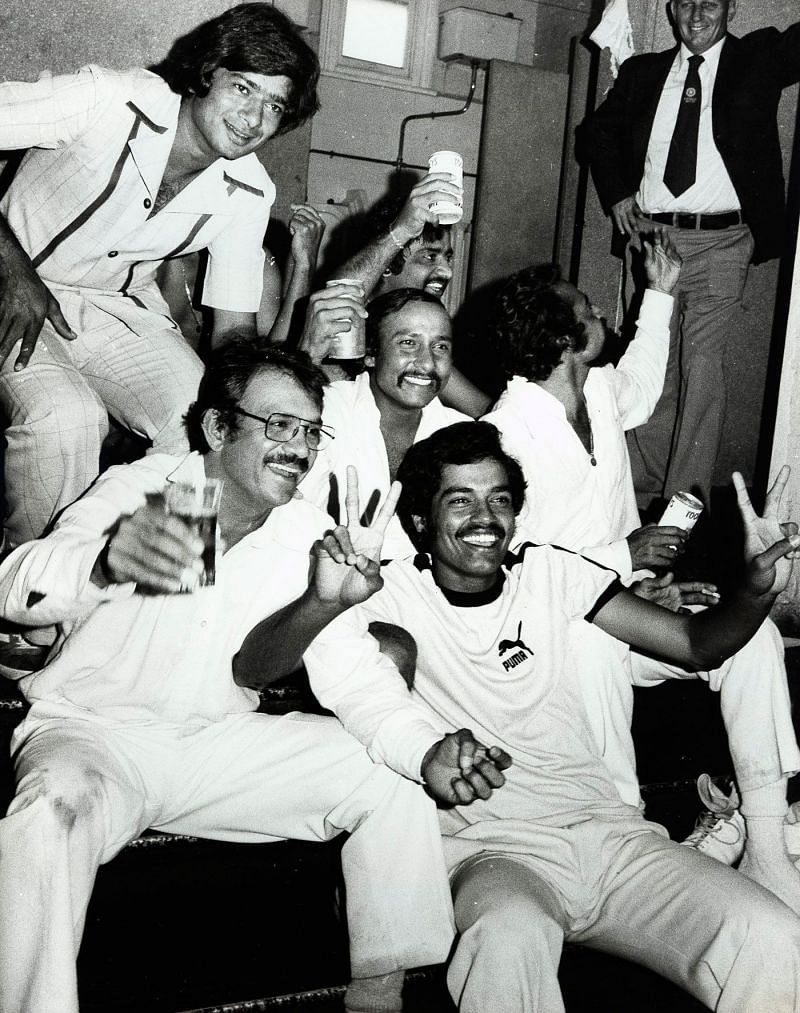 Indian players celebrating their victory in the Sydney Test of 1977-78 [getty images]