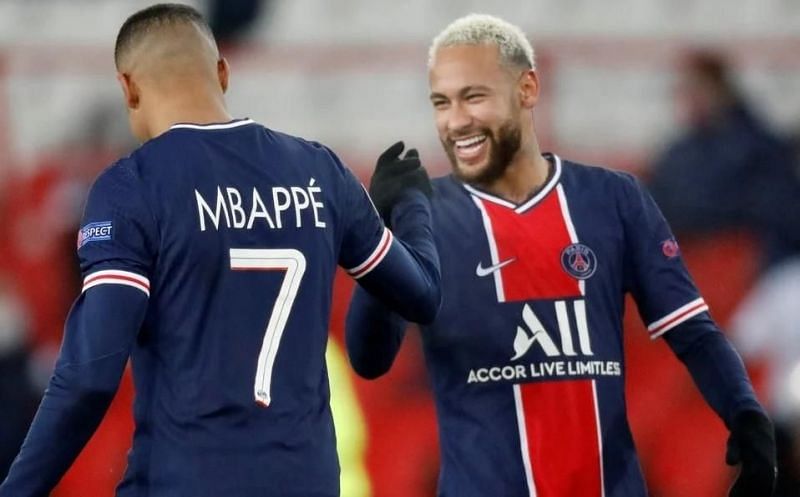 Mbappe celebrates a goal with Neymar