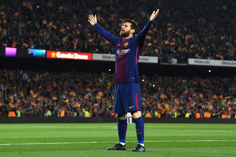 Lionel Messi celebrates after scoring for Barcelona.
