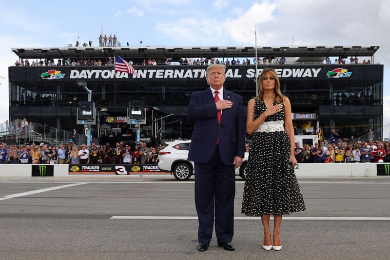 U.S. President Donald Trump and First Lady U.S. President Donald Trump and First Lady Melania Trump stand for the national anthem prior to the Daytona 500 at Daytona International Speedway.