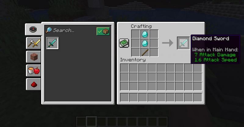 The crafting recipe for a diamond sword in Minecraft. (Image via Minecraft)