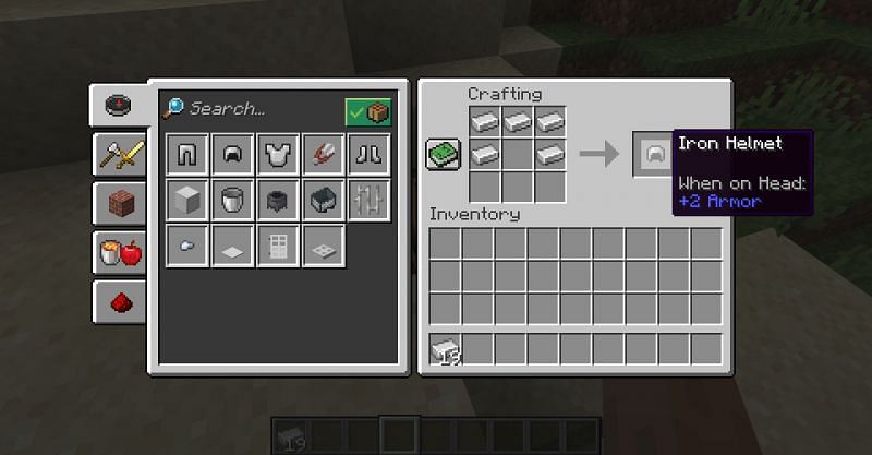 The crafting recipe for an iron helmet in Minecraft. (Image via Minecraft)