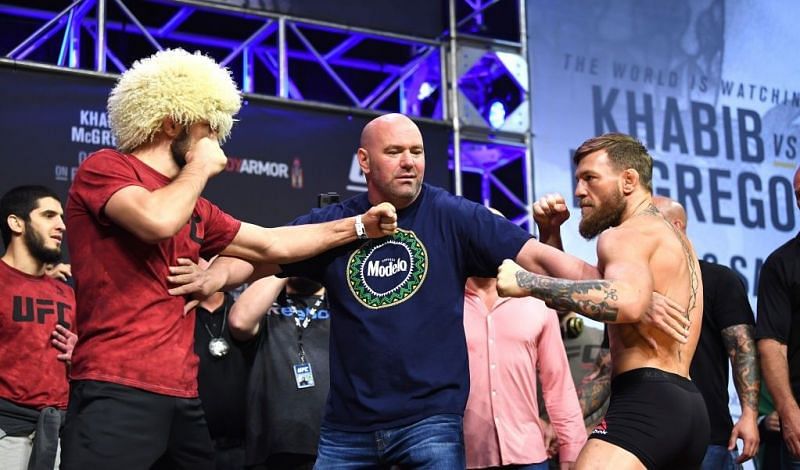 Khabib Nurmagomedov (left); Dana White (center); Conor McGregor (right)