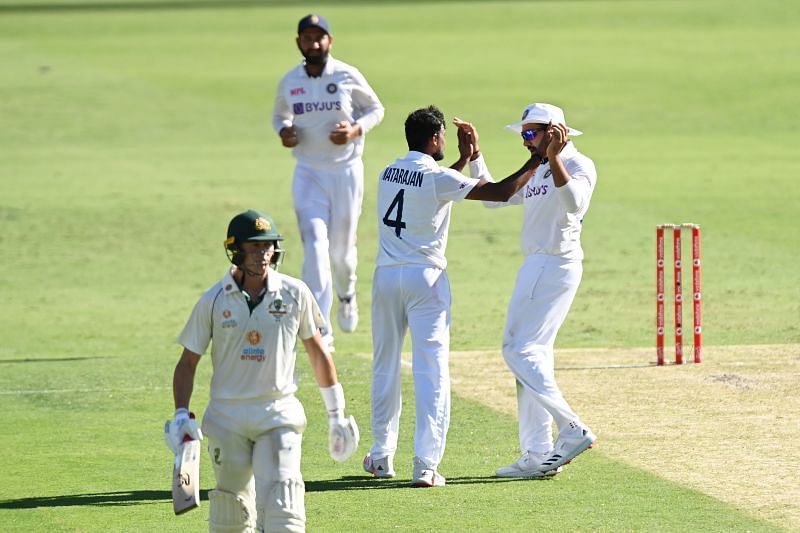 T Natarajan celebrates after picking up the big wicket of Marnus Labuschagne