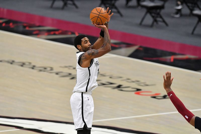 Kyrie Irving of the Brooklyn Nets shoots during the third quarter against the Cleveland Cavaliers at Rocket Mortgage Fieldhouse.