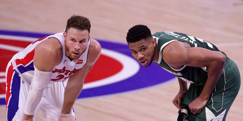 Blake Griffin #23 of the Detroit Pistons and Giannis Antetokounmpo #34 of the Milwaukee Bucks square off during the second quarter of the game at Little Caesars Arena on January 13, 2021 (Photo by Leon Halip/Getty Images)